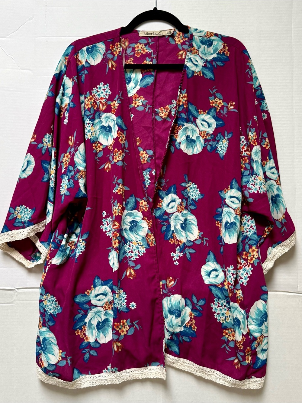 Floral Lace Trim Kimono - GRAPE with BLUE  & Yellow Blooms SIZE MEDIUM